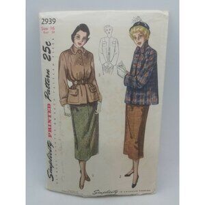 Simplicity 1949 Sewing Pattern #2939 Junior Misses & Misses Two Pc Suit Size 16